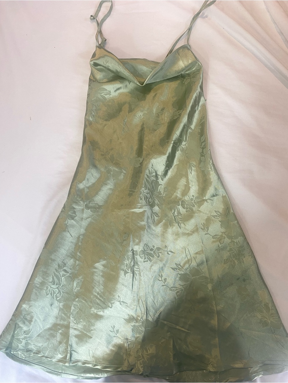 Green Satin Slip Dress with Floral Jacquard